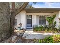 Inviting front entrance with a gray door and lush landscaping at 9422 Bellhaven St, Temple Terrace, FL 33637