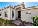 Front entry with a black door and brick walkway at 15707 Crystal Waters Dr, Wimauma, FL 33598