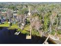 Aerial view showcasing a house near the lake with surrounding lush greenery at 18803 15Th St, Lutz, FL 33549