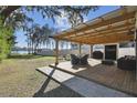 Relaxing patio area with pergola, outdoor seating and lake view at 18803 15Th St, Lutz, FL 33549