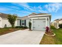 House exterior featuring gray paint, landscaping, and a two-car garage at 17071 Oval Rum Dr, Wimauma, FL 33598