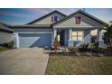 Newly built home with light blue exterior, landscaping, and a two-car garage at 12119 Creek Preserve Dr, Riverview, FL 33579