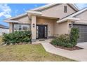 Front entrance with black door, landscaping, and a walkway at 11521 Sunder Berry St, Hudson, FL 34667