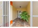 Front entrance with tiled flooring, featuring a security gate and a potted plant at 217 Linger Ln, Sun City Center, FL 33573