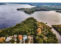 Aerial view showcasing a waterfront property with lush vegetation and neighboring houses at 1512 Big Bass Dr, Tarpon Springs, FL 34689