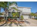 Two-story house with gray siding, palm trees, and a two-car garage at 18209 Tivoli Ln, Lutz, FL 33558