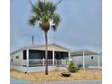 Tan mobile home with carport, covered porch, and palm tree at 614 Leisure, Venice, FL 34285