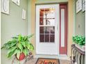 White front door with a storm door and decorative plants at 9516 Cypress Harbor Dr, Gibsonton, FL 33534