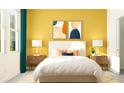 Bedroom with yellow walls, white bedding and wooden nightstands at 31819 Cardinal Yard Dr, San Antonio, FL 33576