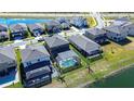 Bird's-eye view of houses near a canal, showcasing a pool at 14834 Paddock Pond Ave, Lithia, FL 33547