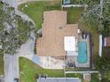 Birds eye view of a house with a pool in screened enclosure and well manicured lawn at 12840 Sophia Cir, Largo, FL 33774