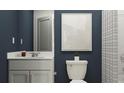 Clean bathroom featuring a white vanity and navy blue walls at 10264 Alder Green Dr, Riverview, FL 33578