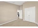 Spacious bedroom with neutral walls and carpeting, large closet at 12403 Streambed Dr, Riverview, FL 33579