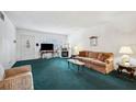 Living room with green carpet, a sofa, and a fireplace at 2430 Florentine Way # 38, Clearwater, FL 33763