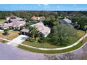 Aerial view of a home with lush landscaping, a circular driveway, and a screened in pool at 335 Palmdale Dr, Oldsmar, FL 34677