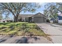 Single-story house with a grey exterior, large tree, and a spacious driveway at 13215 Parkhurst Ct, Riverview, FL 33569