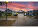 House exterior at sunset, two-car garage, residential neighborhood at 10313 Lakeside Vista Dr, Riverview, FL 33569