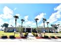 Community clubhouse with accessibility signs, palm trees and manicured landscaping creating a welcoming entrance at 145 Blue Marlin Dr, Oldsmar, FL 34677