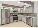 Modern kitchen featuring stainless steel appliances, gray cabinets, and a tile backsplash at 2730 5Th Ct, Palm Harbor, FL 34684