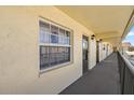 Exterior hallway featuring a dark-colored door and a window with checkered curtains at 1450 Heather Ridge Blvd # 305, Dunedin, FL 34698