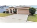 Spacious driveway leading to a two-car garage, complemented by lush greenery at 10757 Carloway Hills Dr, Wimauma, FL 33598