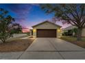 Beige house with brown garage door at dusk; nice curb appeal at 11206 Silver Fern Way, Riverview, FL 33569