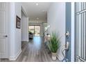 Inviting entryway with stylish gray wood floors, a decorative plant, and a view of the living area in the background at 12625 Horseshoe Bend Dr, Lithia, FL 33547