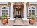 Grand entrance featuring elegant columns, arched windows, and a stunning double-door entry at 8510 Kentucky Derby Dr, Odessa, FL 33556