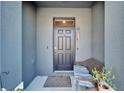 Front door with welcome mat, bench, potted plant and overhead window at 6929 Breezy Palm Dr, Riverview, FL 33578