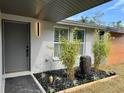 Inviting entrance with a modern gray door, decorative plants, elegant lighting, and a soothing water feature at 7281 Channelside N Ln, Pinellas Park, FL 33781