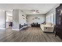 Inviting living room with gray walls, modern flooring, large window with shutters and a ceiling fan at 3704 Thornwood Pl, Tampa, FL 33618