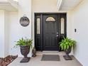 Close up of the front door, decorated with a wreath and potted plants at 18836 Autumn Lake Blvd, Hudson, FL 34667