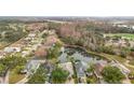 Scenic aerial view of a quiet residential neighborhood featuring a tranquil pond and mature landscaping at 29523 Waggle Dr, San Antonio, FL 33576