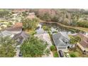 Aerial view of homes in a tranquil neighborhood with a serene pond and mature trees at 29523 Waggle Dr, San Antonio, FL 33576
