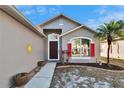 Charming home featuring a well-manicured lawn, a bright red shutter, and a beautiful palm tree at 13507 Mango Bay Dr, Riverview, FL 33579