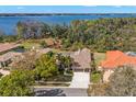 Aerial view of the home surrounded by lush greenery, showcasing lake views and neighborhood charm at 4564 Juniper Dr, Palm Harbor, FL 34685