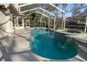 The screened-in pool features an attached spa with a lovely waterfall feature and ample deck space at 732 June Lake Ln, Brandon, FL 33510