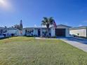 Lovely home featuring a lush green lawn, a beautiful palm tree and a driveway at 3142 Domino Dr, Holiday, FL 34691