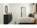 Bright main bedroom showcasing a black dresser, decorative mirror, and stylish rug at 32004 Spiceberry St, San Antonio, FL 33576