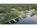 Aerial view features the property's location with a boat dock, multiple homes, and gorgeous waterfront views at 10501 Bridgewood Dr, Riverview, FL 33578