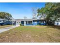 Charming blue single-story home featuring a long driveway, front lawn, and attached single-car garage at 39035 Citadel Cir, Zephyrhills, FL 33542