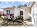 A close up of the front of the home, showing the front door, windows, and landscaping around the home at 12112 Feldwood Creek Ln, Riverview, FL 33579