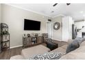 Cozy living room with a large TV, comfortable seating, and stylish decor at 21826 Pineywood Loop, Land O Lakes, FL 34639