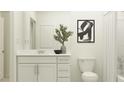 Bright bathroom featuring a vanity with white cabinets and a framed mirror at 10211 Alder Green Dr, Riverview, FL 33578