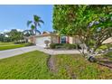 Single story house with meticulously kept lawn, palm trees, and red accent shutters at 1912 Acadia Greens Dr, Sun City Center, FL 33573