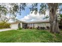 A charming single-story home with mature trees, well-manicured lawn, and stone accents on the facade at 280 Cherry Laurel Dr, Palm Harbor, FL 34683