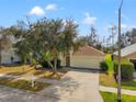 Inviting single-story home boasts a large front yard with mature trees and a convenient two-car garage at 34822 Marsh Glen Ct, Zephyrhills, FL 33541