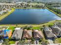 Aerial view of homes nestled around a serene lake, showcasing community and natural beauty at 715 Parker Den Dr, Ruskin, FL 33570
