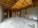 Spacious interior under construction, with exposed wooden beams and framed walls at 8418 Fussell Dr, Wesley Chapel, FL 33545