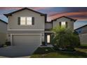 Two-story house with tan siding, two-car garage, and landscaping at dusk at 9309 Rally Spring Loop, Wesley Chapel, FL 33545